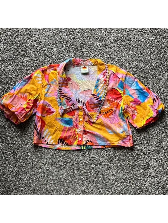 FARM Rio Tops - Farm Rio Neon Macaws Collar Puff Sleeve Med Blouse Boho Festival Tropical Vacay